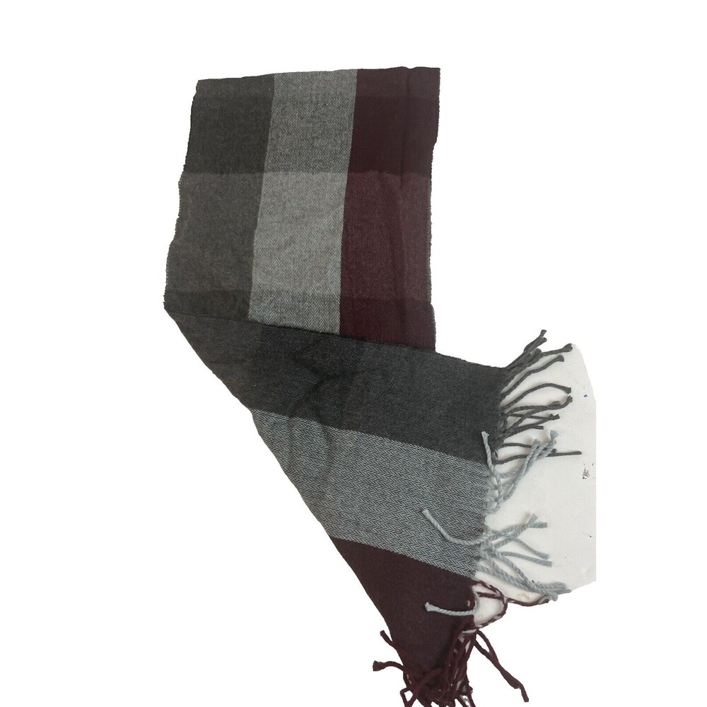 Geoffrey Beene Cashme Scarf Maroon Gray Plaid Rectangle 100% Acrylic Italy